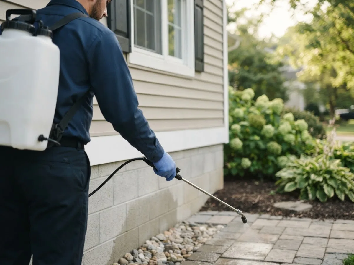 Pest control technician inspecting a home in Troy, WV